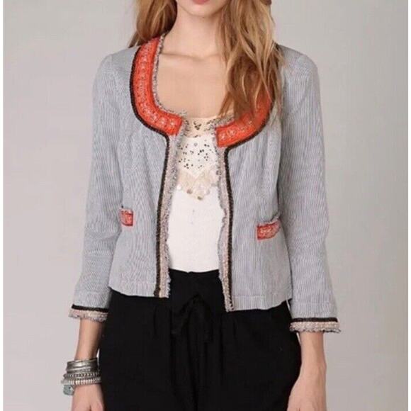 VINTAGE Free People Boho BlazerJacket Womens 0 Pinstripe Beaded Embellished - Picture 6 of 11